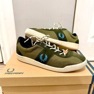 Fred Perry Olive Sneakers with Light Blue Emblem